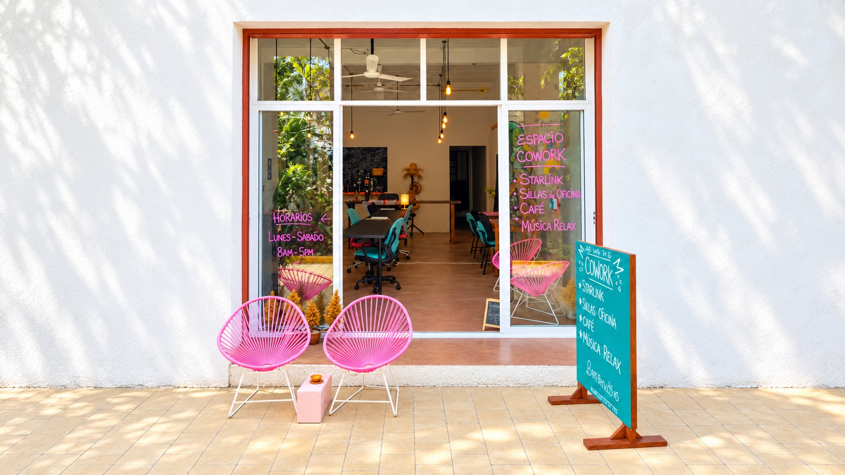Espacio de coworking luminoso con sillas de colores y vistas a la vegetación tropical
